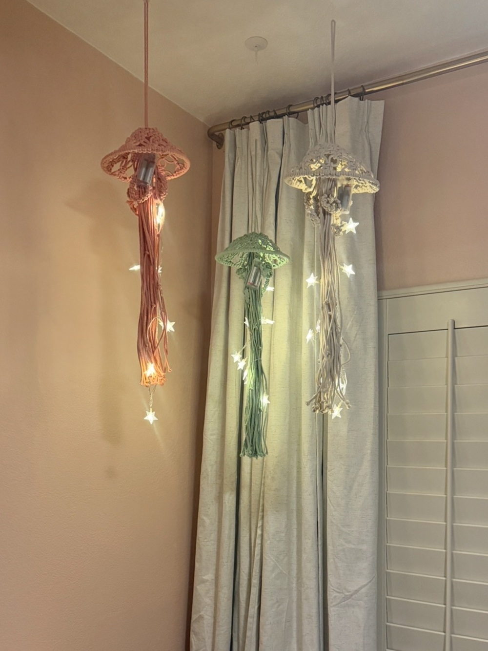 Handmade Macramé Jellyfish Pendant Lights - Pink, Sage, Ivory Baby Nursery